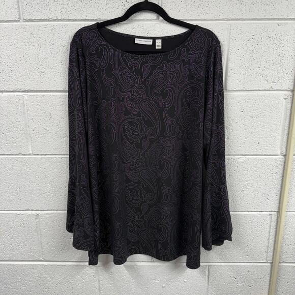 Susan Graver Tunic Womens XL Liquid Knit Metallic Stud Bell Sleeve Top Office - Picture 1 of 13